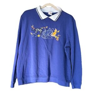 Adrian Delafield Cat Lover Sweatshirt Women XL Blue Collared Grandmacore Cottage